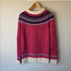 Handmade Pink Fair Isle Sweater Women’s S/M Chunky Knit Cozy